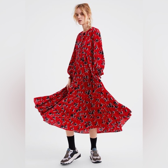 Zara Dresses Zara Floral Print Midi Dress Red Poshmark